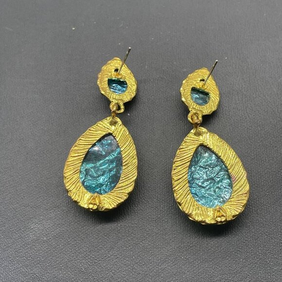 Amrita Singh Blue Glass Look Teardrop Dangle Drop Earrings Gold Tone Evening - Picture 5 of 6